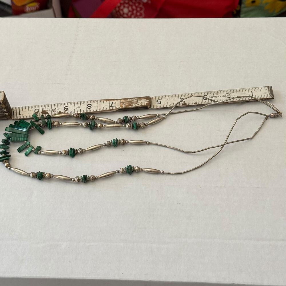 Vintage Native American Malachite Fringe Double Strand Silver Necklace 22-25”44g - Picture 10 of 13